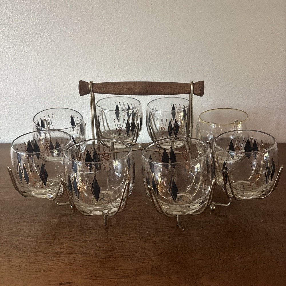 MCM 7 + 1 VTG Federal Harlequin Roly Poly Glasses w Caddy Black Diamond Atomic